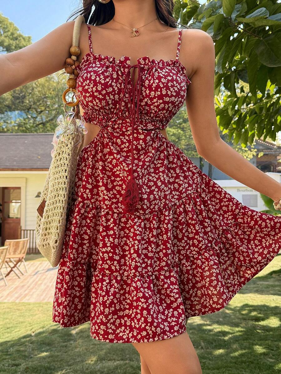 SHEIN VCAY Women's Ditsy Floral Tie Front Camisole Mini Dress,Elegant,For Summer Vacation, Women Summer Clothing - Red - View 1