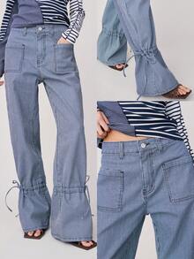 Nöista High-Waisted Pinstriped Pants With Large Front Patch Pockets, Belt Loops, And Button Closure. Unique Gathered Hems With Ties Create A Flared, Ruffled Silhouette, For Spring And Summer. - Blue - View 4