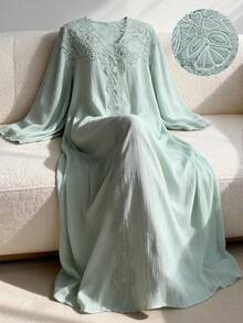 Al Najma 浅绿色V领贴花长袖宽松时尚优雅女式连衣裙 - 薄荷綠 - 查看 2
