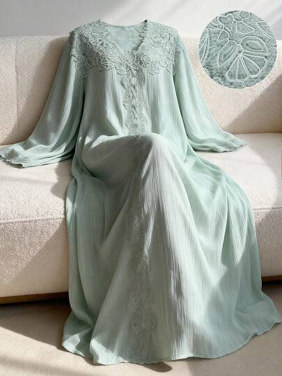 Al Najma 浅绿色V领贴花长袖宽松时尚优雅女式连衣裙