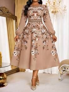 SHEIN Lady 大码复古印花灯笼袖休闲连衣裙 - 彩色 - 查看 7