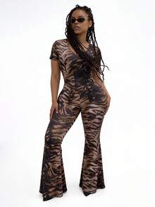 Slouenne Slouenne 女士性感紧身两件套，斑马纹数码印花短袖上衣和裤子 - 棕色 - 查看 4