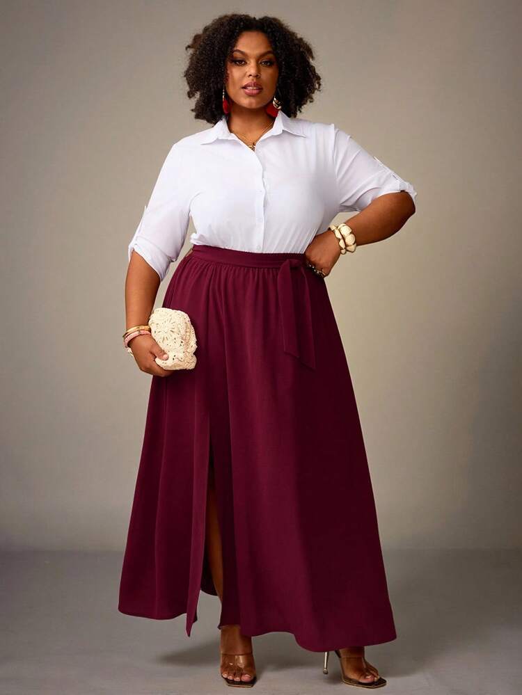 Plus Size Women's Summer Casual Vacation Elegant Belted Split Design Solid Color Skirt, Wine Red, Spring/Summer,Early Spring,Spring Break, Vacation Women, Holiday For Women,Spring Women,Going Out,2026 New,Simple And Fashionable For Everyday Wear, Burgundy Skirt, Maroon Long Skirt, Burgundy Long Skirt, Long Skirt With Slit