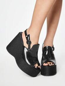 ROMWE 女士厚底凉鞋，露趾坡跟厚底凉鞋，时尚鞋履 - 咖啡棕 - 查看 1