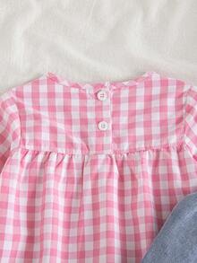 Vintaside Kids 女婴休闲日常格子花卉刺绣长袖上衣和牛仔裤套装，春秋季 - 粉色 - 查看 4