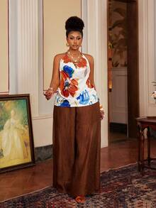 Maweii 大码女式白色碎花吊带无袖上衣搭配棕色薄纱阔腿裤两件套，优雅合身，适合春夏度假及休闲外出穿着。 - 彩色 - 查看 4