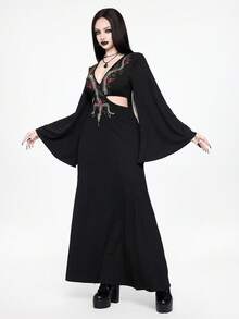 ROMWE Goth 暗黑禁忌森林波西米亚哥特风蛇刺镂空腰部喇叭袖连衣裙 - 黑色 - 查看 5