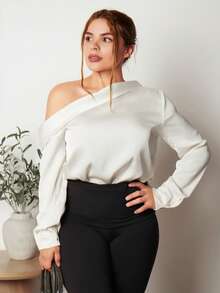 Lupita Cardoza 女士杏色不对称领荷叶边缎面衬衫，优雅长袖衬衫 - 杏色 - 查看 1