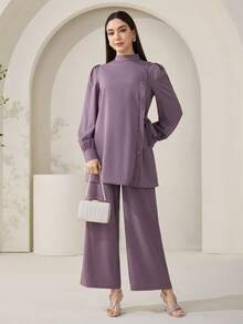 Veilorie 女士纯色立领长袖系腰镶钻衬衫和裤子优雅两件套 - 紫色 - 查看 6