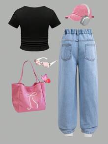 SHEIN 2件套 女童蝴蝶领直筒牛仔裤和短袖T恤 - 彩色 - 查看 2