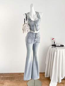 Elamini 女士口袋纽扣休闲百搭日常喇叭牛仔裤 - 藍色 - 查看 3