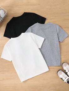 SHEIN 三件套青少年男童宽松休闲印花短袖T恤套装，适合学校、校园穿着，春夏季节适用，日常穿着、运动、郊游、聚会、节日、拍照等场合。 - 彩色 - 查看 2