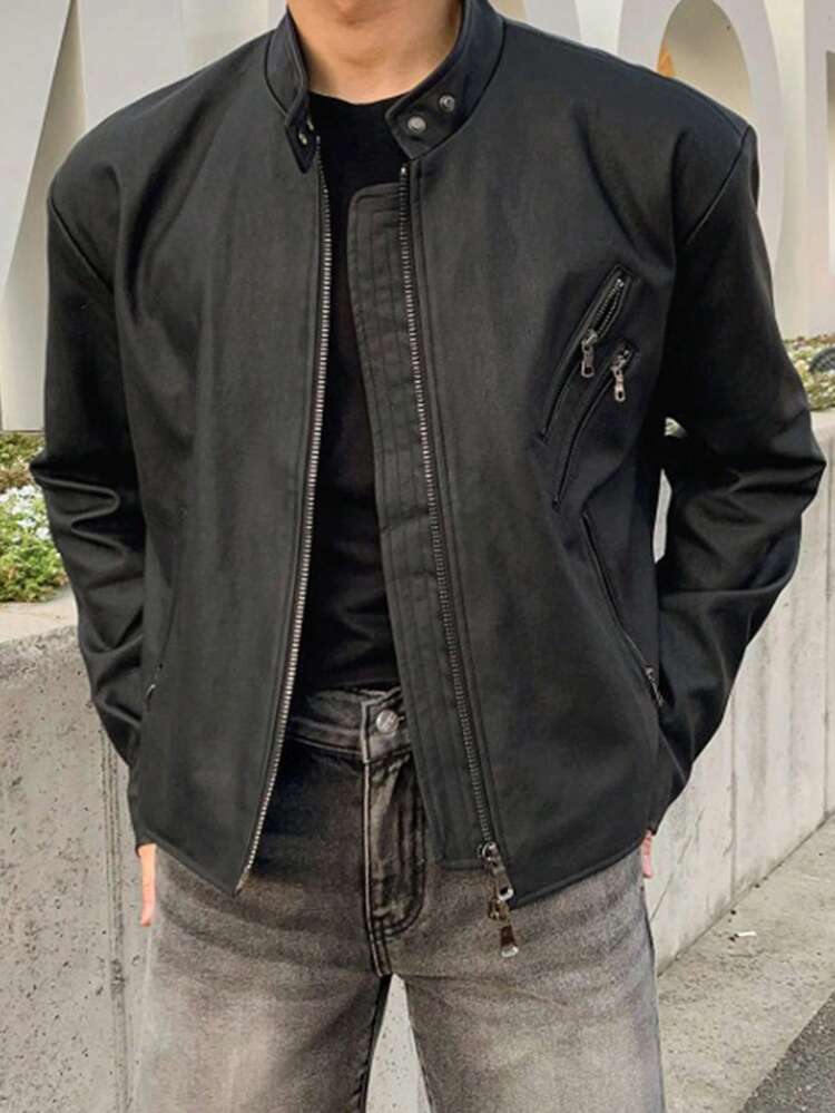 Men's Solid Black Zip-Up PU Jacket And Coat, Spring/Autumn