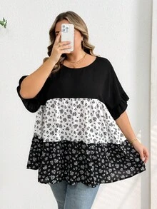 SHEIN CURVE+ Plus Size Casual Colorblock Ditsy Floral Shirt, Relaxed Holiday Vibe, Suitable For Country Music Festivals, Women's Boho Style, Spring Year - Multicolor - View 5