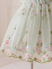 SHEIN 少女V领刺绣网纱休闲连衣裙 - 綠色 - 查看 6