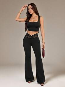 SHEIN PETITE 女士Y2K超低腰性感撞色蕾丝喇叭裤 - 黑色 - 查看 6