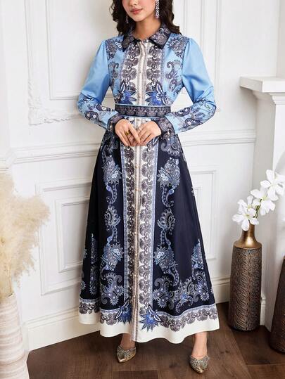 Al Najma 女士印花长袖优雅衬衫裙