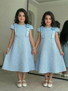 SHEIN Tween Girl Elegant Jacquard Floral Pattern Bow Decor A-Line Dress,Summer Light Blue Party Church Matching Dresses For Little Girls - Blue - View 4