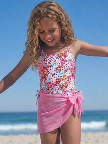SHEIN Emery Rose Kids 2pcs/Set Tween Girls Beachwear Vacation Ditsy Floral Side Bow Decor Casual One-Piece Swimsuit With Cover-Up Skirt Tween Girls  Vacation Ditsy Floral Side Bow Decor Casual One-Piece Swimsuit With Cover-Up Skirt Summer Sets For Girls Three Piece Swimsuit Set Tween Swimsuit Daisy Tween Swimsuit  Cute Summer Sets - Pink - View 2