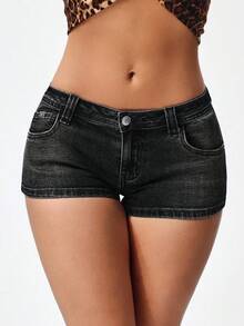 SHEIN EZwear Quần short denim nữ kiểu dáng thường ngày, có túi và cúc. - màu đen - Xem 4