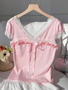 Comfortcana Women's Casual Contrast Color Lace Trim Tie Front T-Shirt, Summer Lace Trim Top Pink Babydoll Top Ruffle Top Sweetheart Neckline Tops Baby Pink Top - Pink - View 6
