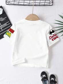 BATMAN X SHEIN Kleine Jungen Lässig Kurzarm T-Shirt geeignet für den Sommer, klassischer cooler DC Superheld - Cartoon Charakterdruck, klassischer Logodruck, stilvoller Textdruck - Weiss - Übersicht 3