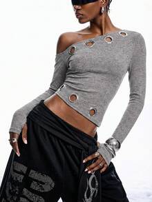 LYSMO 新款极简主义冬季女装通勤时尚不对称镂空肩长袖T恤浅灰色镂空上衣，女士新年和圣诞节服装 - 淺灰色 - 查看 3