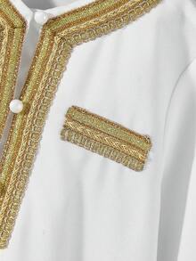 SHEIN 2pcs Young Boy Middle Eastern Casual Solid Color Gold Ribbon Vest Mandarin Collar Half-Open Abaya Set, Suitable For Autumn, Spring, Summer, Suitable For Outdoor Play, School, Street Photography, Parties, Holiday Gatherings, Ramadan Jalabiya, Ramadan - White - View 5