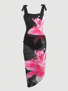 SHEIN 少女碎花泳衣和裙子两件套 - 黑色 - 查看 2