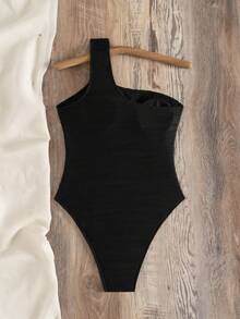 Swim Chiccia 1件装女士纯色波浪纹连体泳衣，带金色装饰 - 黑色 - 查看 4