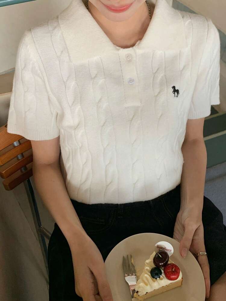 Women's Turndown Collar Korean Style Cartoon Embroidery Knit Sweater Summer