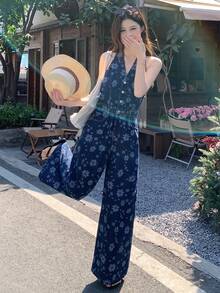 DAZY Women's All-Over Print Tie-Up Waist Loose Wide Leg Denim Jumpsuit - Blue - View 5