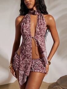 Opulessa 女士编织露背豹纹印花吊带上衣，适合海滩度假、休闲、夏季假期、外出、派对等场合。 - 紫色 - 查看 6