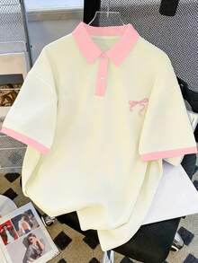 Resyla Women's Casual Contrast Trim Bow Print Collared Short Sleeve Top, Summer - Light Yellow - View 1