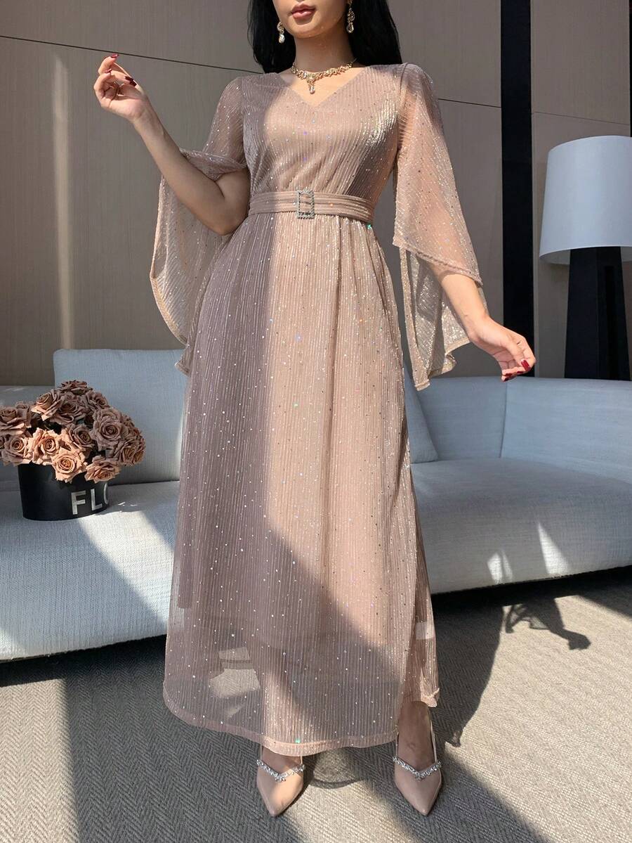 DAZY Women's Elegant Solid Color V-Neck Ruffle Sleeve Belted Long Dress, Spring/Summer Maxi Dress Sundress - Pink - View 1