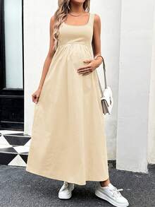 SHEIN Maternity Solid Color Square Neck Pocketed Casual Sleeveless Dress - Apricot - View 4