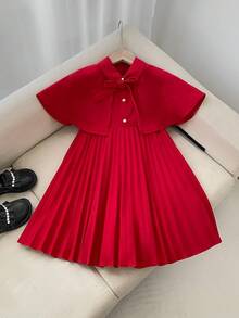 SHEIN Vestido elegante de niña con capa de vuelo con detalle de lazo y bajo plisado de unicolor - Rosa Fucsia - Ver 5