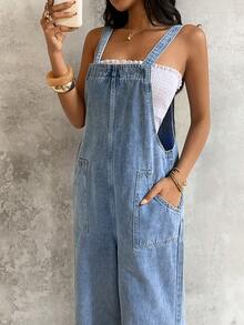 Sunnyshic 女士纯色简约休闲牛仔背带裤连体裤 - 藍色 - 查看 6