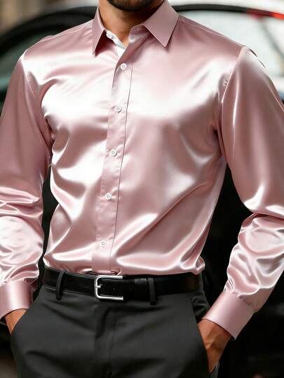 Manfinity Mode Camisa de manga larga casual de negocios para hombres con parches brillantes de twill