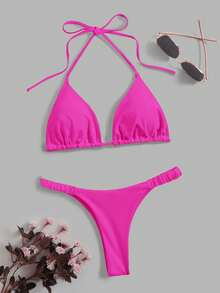 Swim Mod Pink Solid Color Halter Spaghetti Strap Triangle Bikini Swimwear Set,Fashionable Summer Micro Swimwears For Beach Party,Holiday,Holiday - Hot Pink - View 4