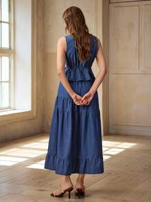 Selenza Women's Fashionable Casual Sleeveless Denim Shirt With Drawstring - Blue - View 3