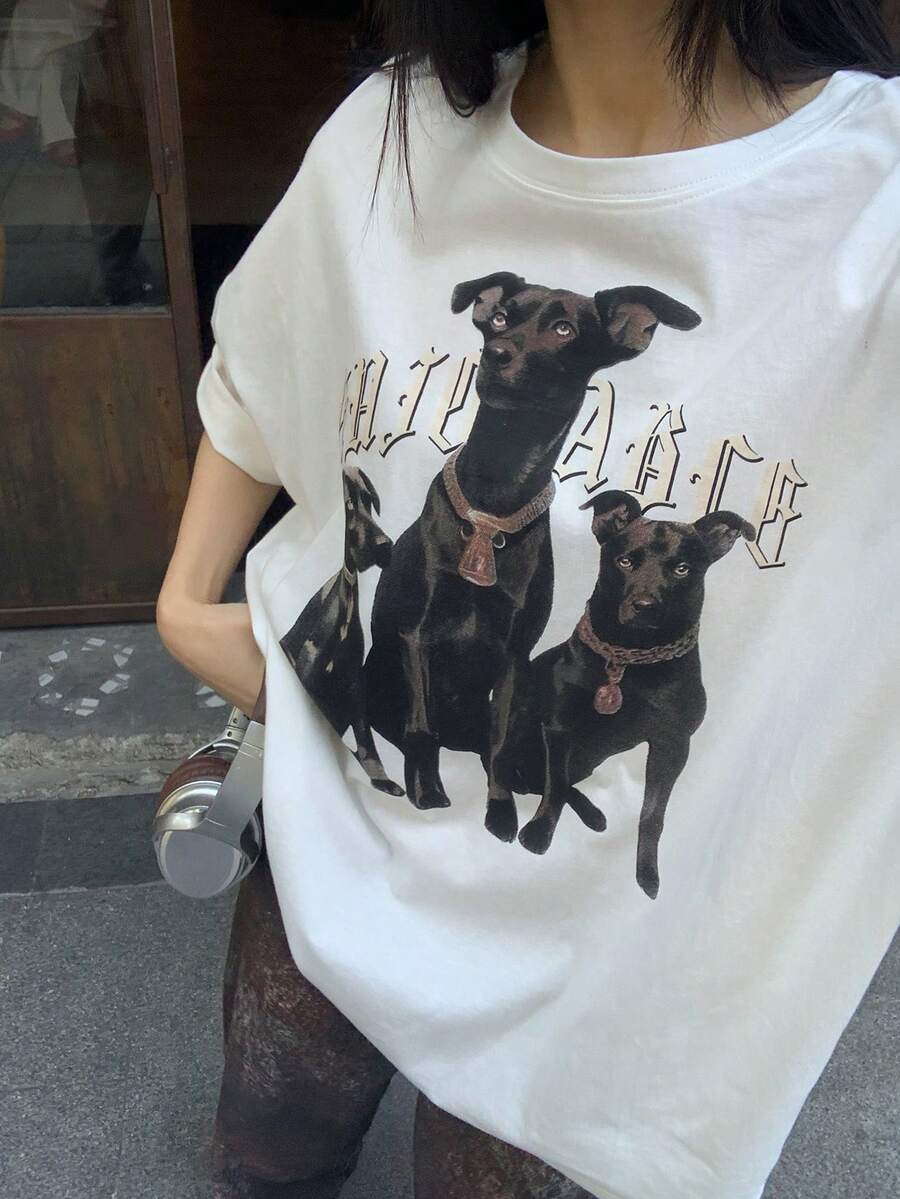 DAZY 女士字母和狗狗印花圆领休闲宽松T恤 - 白色 - 查看 1