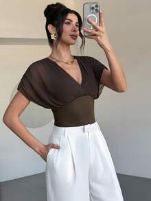 Rafferiza New Stylish Elegant V-Neck Patchwork Bodysuit - Army Green - View 4
