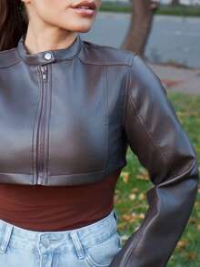 Lupita Cardoza Women PU Leather Short Jacket,Fall Clothes - Brown - View 5