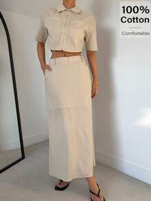 Siren Gaze 女士纯色休闲短袖拉链领口袋衬衫和裙子两件套夏季 - 杏色 - 查看 3