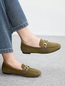 CUCCOO BIZCHIC Sheepskin Leather Vintage Casual Comfortable Slim Buckle Design Loafers For Women - Army Green - View 6