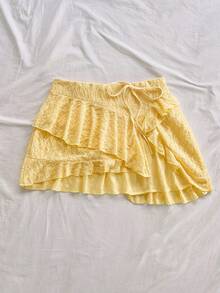 Soleia Women's Elegant Solid Color Jacquard Asymmetric Hem Skirt, Summer - Yellow - View 3