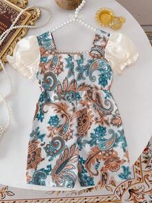 Baby GirlFloral Print Ruffle Collar Romper With Bow, Comfortable & Cute, Suitable For Spring, Summer, Autumn, Suitable For Outings, 3 Months - 3 Years - Multicolor - View 2