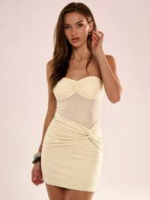 Avenya 褶裥抹胸不对称腰部扭结迷你连衣裙 - 淡黃色 - 查看 1