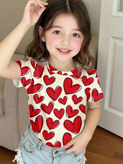 SHEIN Cream White & Burgundy, Cute Retro Contrast Color Hand-Painted Graffiti Style Heart Print Pattern, Young Girl Casual Minimalist Round Neck Short Sleeve T-Shirt, Suitable For Summer